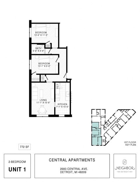 Floor plan for 2 beds, 1 bath, 773 sqft